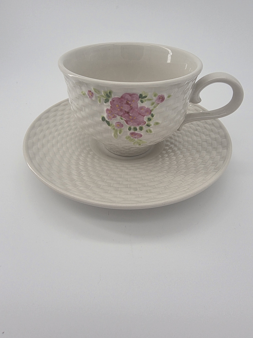 Vintage 1985 Teleflora Basketweave Teacup & Saucer Set with Pink Roses